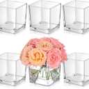KEYWING 6 Pack Square Glass Vase 4" x 4" x 4", Clear Flower Vases for Centerpieces, Square Glass Cube Vase Candle Holder for Wedding, Party, Home Office Decoration