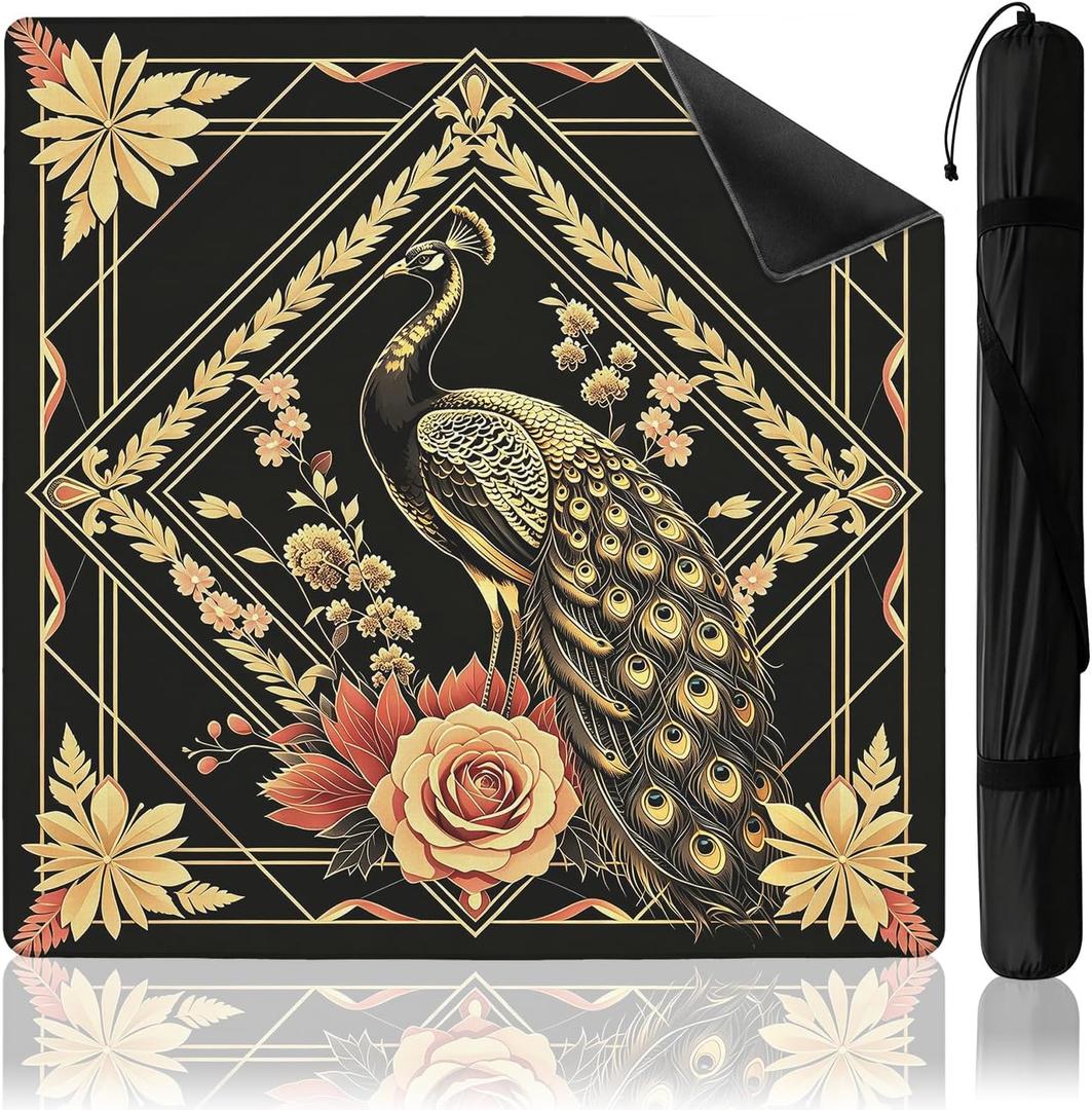 Black and Gold Floral Peacock Mahjong Mat 31.5 x 31.5 Inch, Non-Slip Mahjong Table Cloth for American Mah Jong, Poker, Card Games and Dominoes