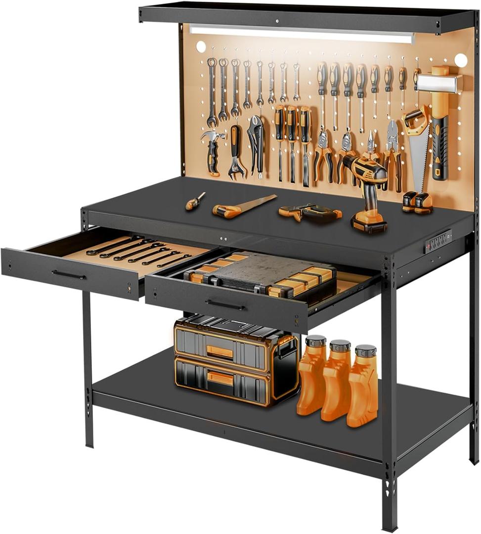 Work Benches for Garage, Heavy Duty Workbench with Drawers, Lights, Pegboard & 12 Hooks, 600LBS Capacity, Suitable for Tool Organizers and Storage, for Garage, Workshop, Basement, Garden & Shop (Dark Black)