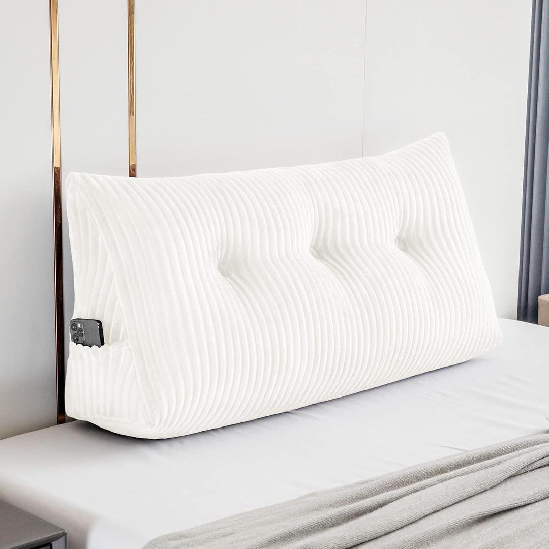 Large Triangular Headboard Wedge Bed Rest Reading Pillow Backrest Positioning Support Bolster Cushion with Removable Cover (White, Twin: 39x8x20 Inches)