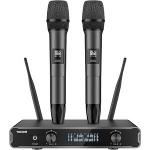 TONOR Dual Wireless Microphone Systems, UHF Cordless Karaoke Microfono Set, Metal Handheld Dynamic Mic 200ft for Singing with Receiver for Karaoke, DJ Party, Church, Wedding, Speech, PA TW450 Grey (Grey&Grey)