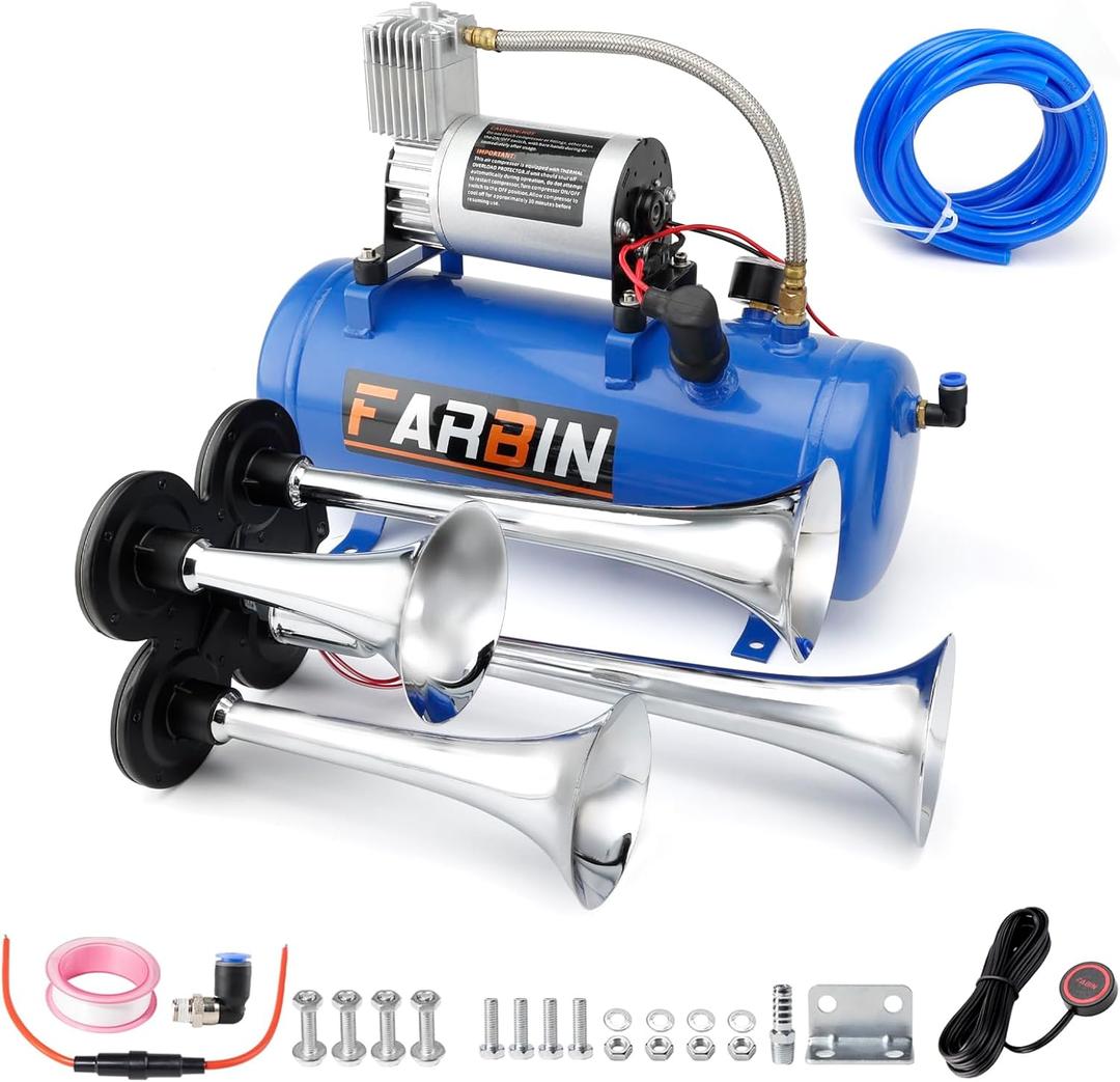 FARBIN Train Horn for Truck 178DB Super Loud Air Horns 4 Trumpet Horns Kit with 150 PSI 12V Air Compressor 6L Air Tank for Truck Car Jeep SUV Train Boat (1.6 gal 12v air horn kit)