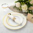 N9R 350PCS Gold Plastic Dinnerware Set for 50 Guests, Include: 50 Dinner Plates, 50 Dessert Plates, 50 Pre Rolled Napkins with Silverware and 50 Cups, White and Gold Disposable Plates for Party
