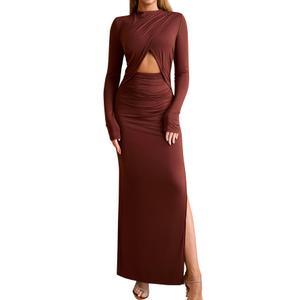KUTUMAI Long Sleeve Cutout Slit Formal Wedding Guest Dresses for Women 2025 Fall Elegant Bodycon Ruched Maxi Dress Brown XL (XL)