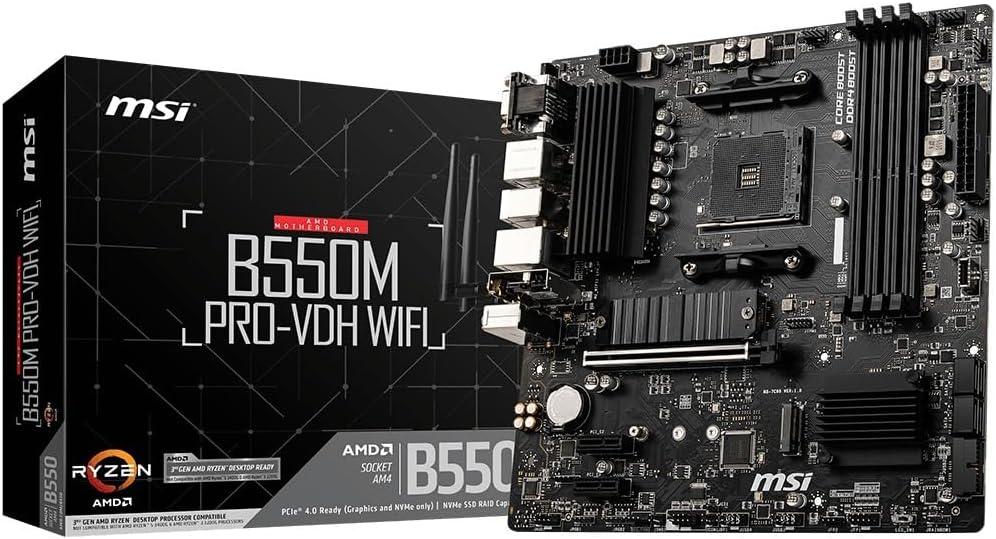 MSI B550M PRO-VDH WiFi ProSeries Motherboard (AMD Ryzen 5000, AM4, DDR4, PCIe 4.0, SATA 6Gb/s, M.2, USB 3.2 Gen 1, Wi-Fi, Bluetooth, D-SUB/HDMI/DP, Micro-ATX)