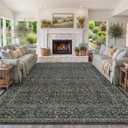 Vintage Square Rug 10x10 for Living Room, Dining Room, Dark Green Washable Large Area Rugs for Bedroom, Floral Big Non Slip Soft Carpet Dcor, Low Pile Stain Resistant