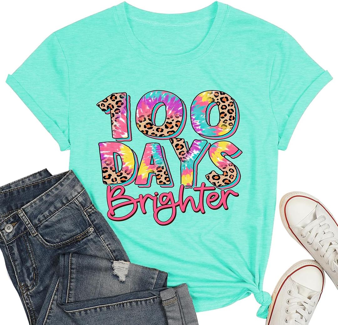 100 Day Brighter Shirt Women Teacher School T-Shirt 100 Days School Teacher Tee Tops (Blue, L)