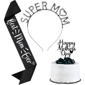Hoteam 3 Pcs Mother's Day Gifts for Women from Daughter Son Mother's Day Cake Topper Decorations Mom Crown Tiara Best Mom Sash Birthday Sash for Wife Stepmother Grandma(Black)