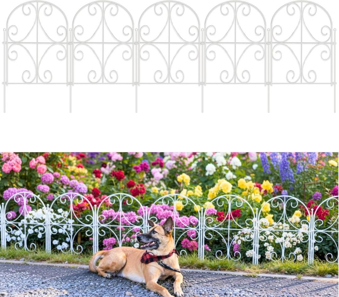 ShopLaLa Garden Fence (10 Panels) 12.5in(L) x 16.5in(H) Rustproof White Metal Decorative Curly Wire, Animal Barrier Fencing for Dogs, Flower Bed Edging Landscape Border Yard, Patio Outdoor Decor