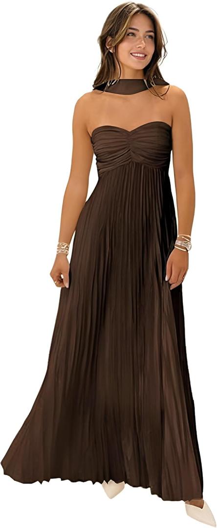 Women Bridesmaid Dress with Scarf Strapless Pleated Flowy Formal Evening Gown Maxi Dresses (Brown, L)