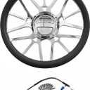 14" Symmetric Multi Spoke Style Billet Aluminum Steering Wheel - Black Leather Half Wrap, 9-Bolt Dish Design & Mirror-Polished Chrome Horn Button - Fits Most 1967-94 GM Cars