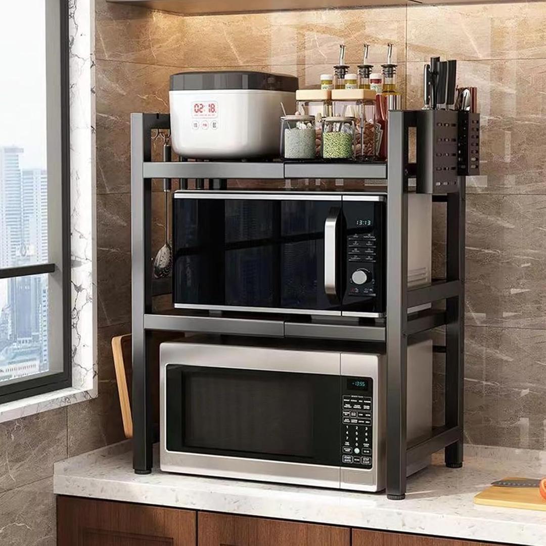 Adjustable Extendable Microwave Oven Rack with Cutting Board Holder & Tool Rest Microwave Stand 2-Tier Kitchen Counter Shelf with 6 Hooks Max 330lbs Capacity Black 15.7"-24.8" (Double)