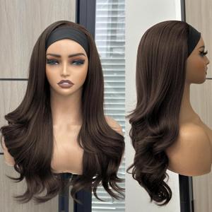 Headband Wig for Women, 20 Inch Long Wavy Synthetic Hair Glueless Wigs, None Lace Front Wigs Half Wig Wear and Go, with 1 Random Pattern Hairband (#4 Brown Color)