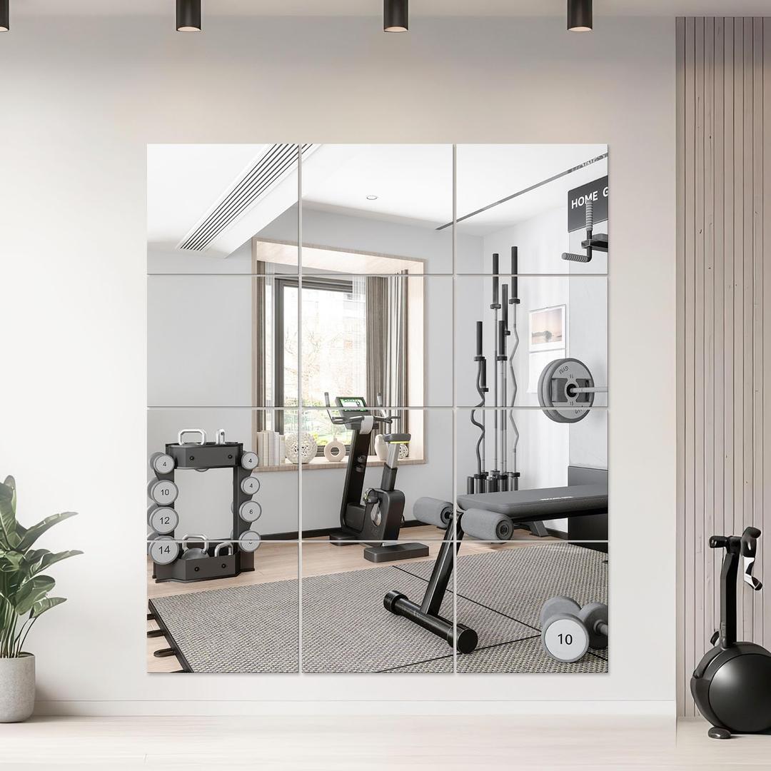 12PCS 14"x12" Home Gym Mirror, Wall Mirrors Decorative Shatterproof Self Adhesive Glass Mirror Tiles for Gym, Bedroom, Bathroom, Living Room