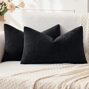 MIULEE Black Couch Pillow Covers 12x20 Inch, Set of 2 Soft Chenille Decorative Lumbar Throw Pillow Covers Farmhouse for Sofa Living Room Bed