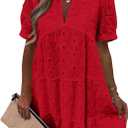 Imily Bela Womens Summer Lace Dresses Eyelet Casual Flowy Babydoll Swing Short Sleeve V Neck Tunic Dress Medium