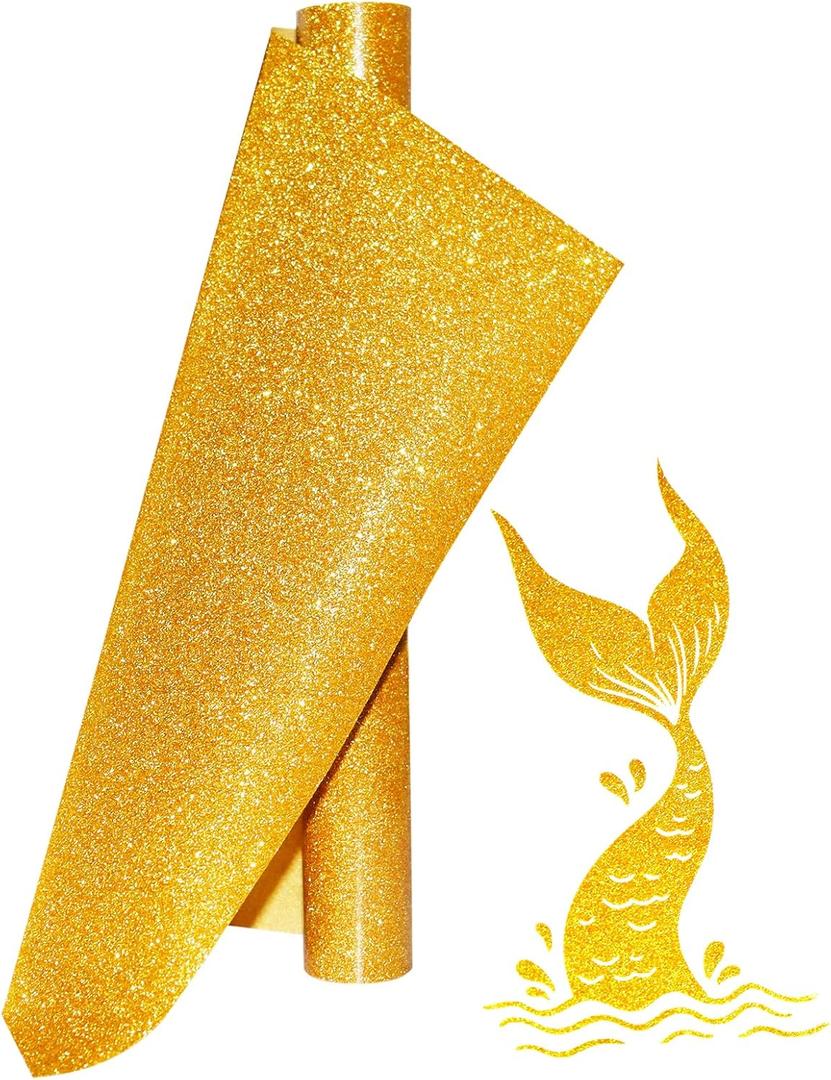 Gold Glitter Heat Transfer Vinyl Rolls Gold Iron HTV Vinyl 12inch x 5feet Iron on Vinyl for Cricut, T-Shirts DIY Design, Silhouette Cameo & Heat Press Machine(Gold Glitter HTV)