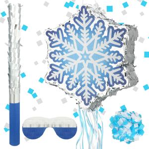 Shappy Winter Piata Snowflake Christmas Piata with Blindfold Bat Confetti 13 x 14.5 Inch Snowflake Pull String for Christmas Winter Theme Birthday Party Game Decorations Supply