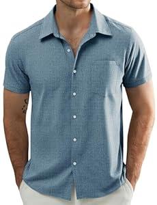 JOGAL Mens Short Sleeve Button Down Shirts Regular Fit Casual Summer Beach Shirt with Pocket DenimBlue X-Large