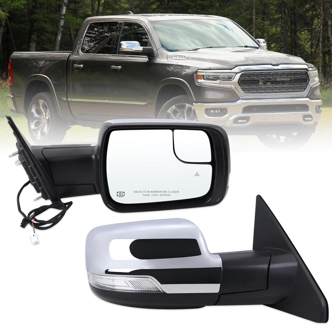 Right Passenger Side Mirror Fits 2019 2020 2021 2022 2023 2024 2025 2026 Ram 1500 With Power Folding Power Glass Heated Turn Signal Puddle Light Blind Spot Chrome Replace#68276502AH(9+2Pins)