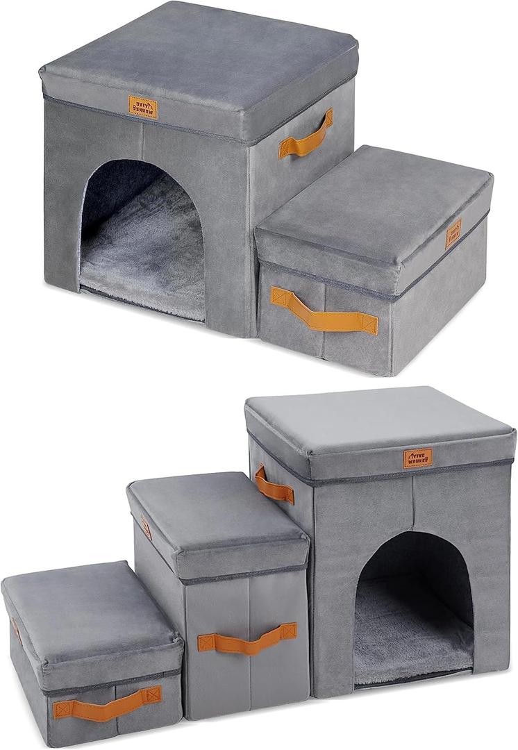 Pet Stairs Steps for Cats & Small and Medium Dogs, Foldable Cat Stairs Steps for High Bed & Couch & Window Sill, Non-Slip Dog Stairs Steps with Storage & Condo (3-Step, 18" H)