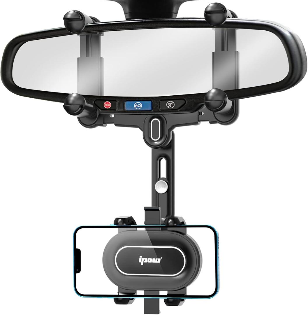 IPOW Large Rearview Mirror Phone Holder for Car 360Rotatable and Retractable, 2023 Upgraded Four Corners Fixed Anti-Shake Multifunctional Design for Car Rearview Mirror with Button