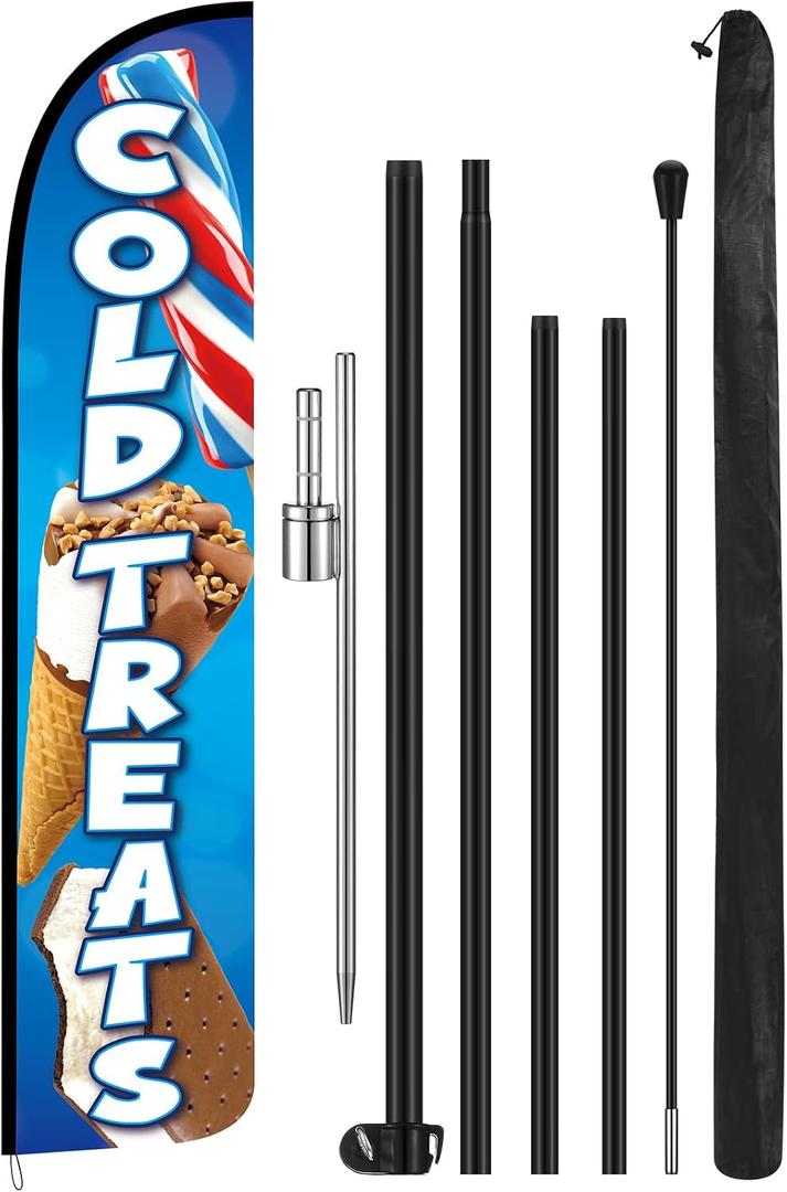 15 ft Cold Treats Ice Cream Windless Feather Banner Flag Kit Cold Treats Advertising Feather Flag Banner Signs with Pole and Ground Stake for Store Business Outside