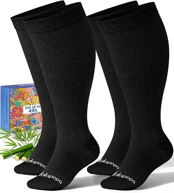 Wide Calf Bamboo Viscose Compression Socks for Women | Graduated 15-20mmHg, 2-Pair, Knee High, Plus Size, Easy On/Off, Cute, Nurse Pregnancy Travel, Daily Wear, Black, Large/X-Large