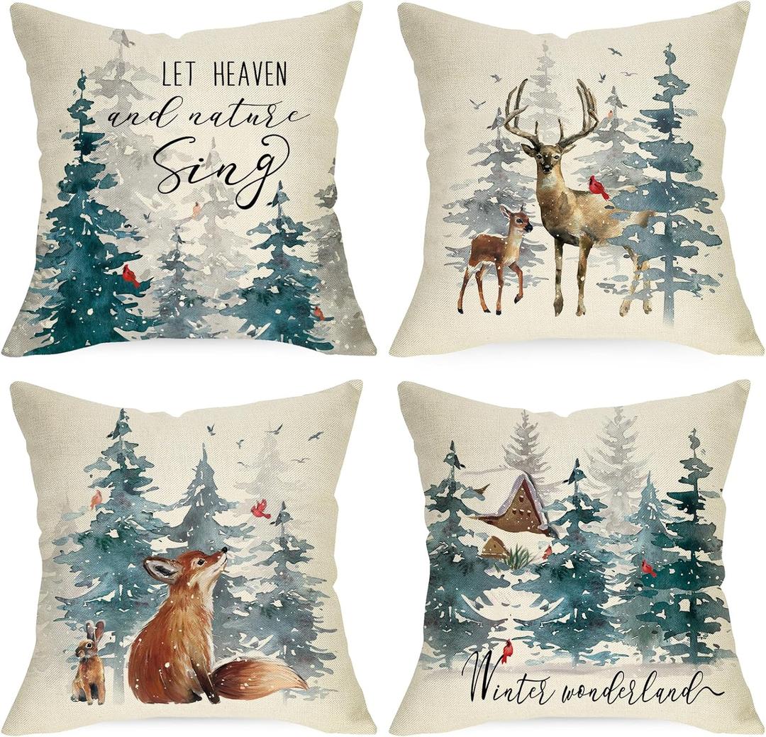 Winter Wonderland Decorative Throw Pillow Covers 20x20 Set of 4, Snowy Forest Cardinal Red Bird Deer Fox Rabbit Cushion Case Decor, Farmhouse Christmas Holiday Seasonal Home Decor for Couch PC
