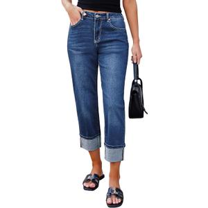 luvamia Straight Leg Jeans for Women Trendy Cropped High Waisted Cuffed Hem Stretchy Boyfriend Capri Jeans with Pockets (Blue, XXL)