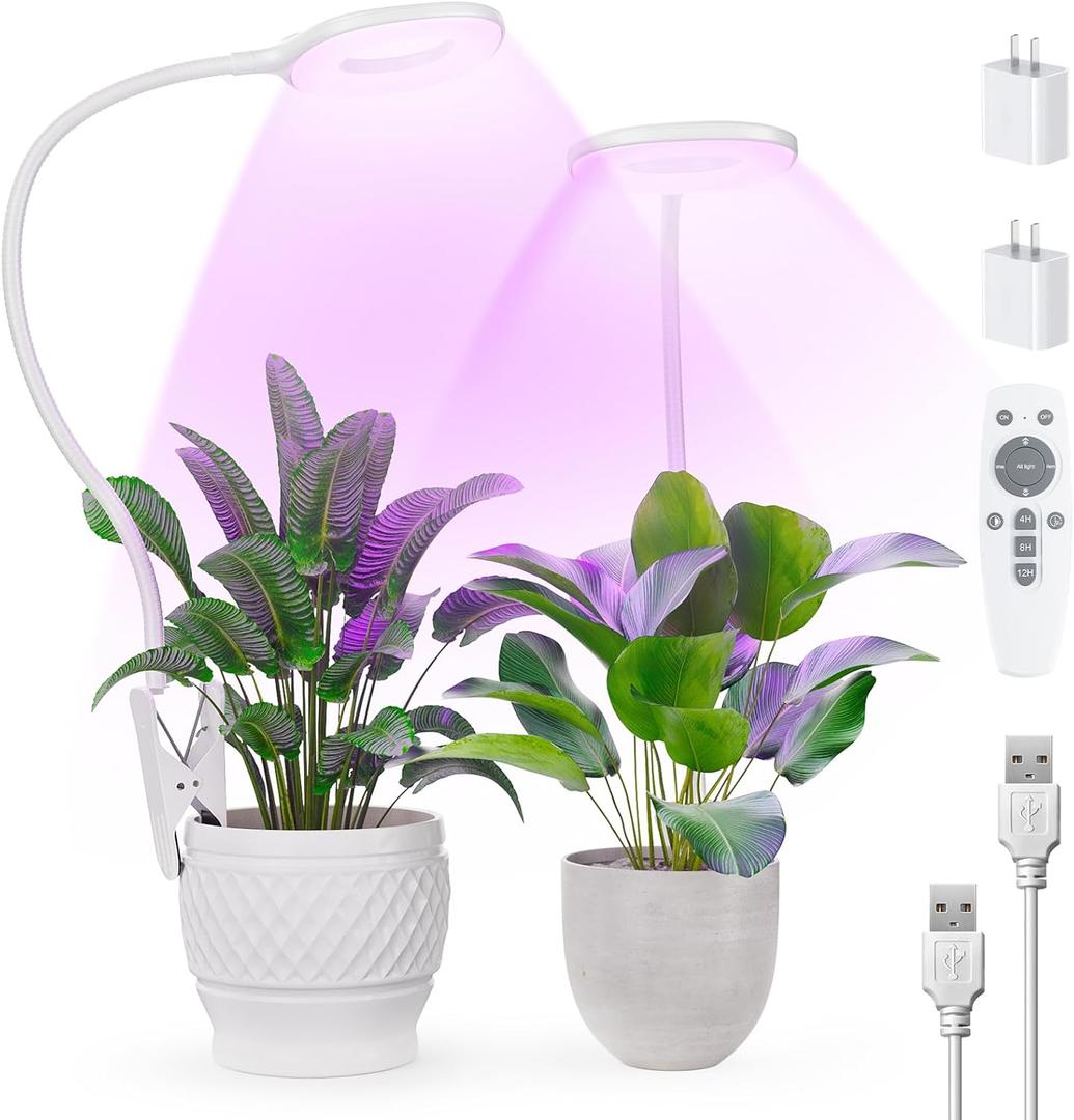 Full Spectrum Grow Lights for Indoor Plants, Clip On Plant Lights for Indoor Growing with 4/8/12H Timer, 3 Light Modes, 10 Dimmable Levels, Adjustable Gooseneck, Remote Control, 2-Pack