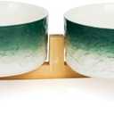 YOBRO Elegant Dog Bowls Set for Medium Dogs, Beautiful Ceramic Stone Alike Style, Pet Bowl Set with Wooden Stand, Non-Slip, Modern Food or Water Breeds Dishs, Gifts for Dog Owners, Green