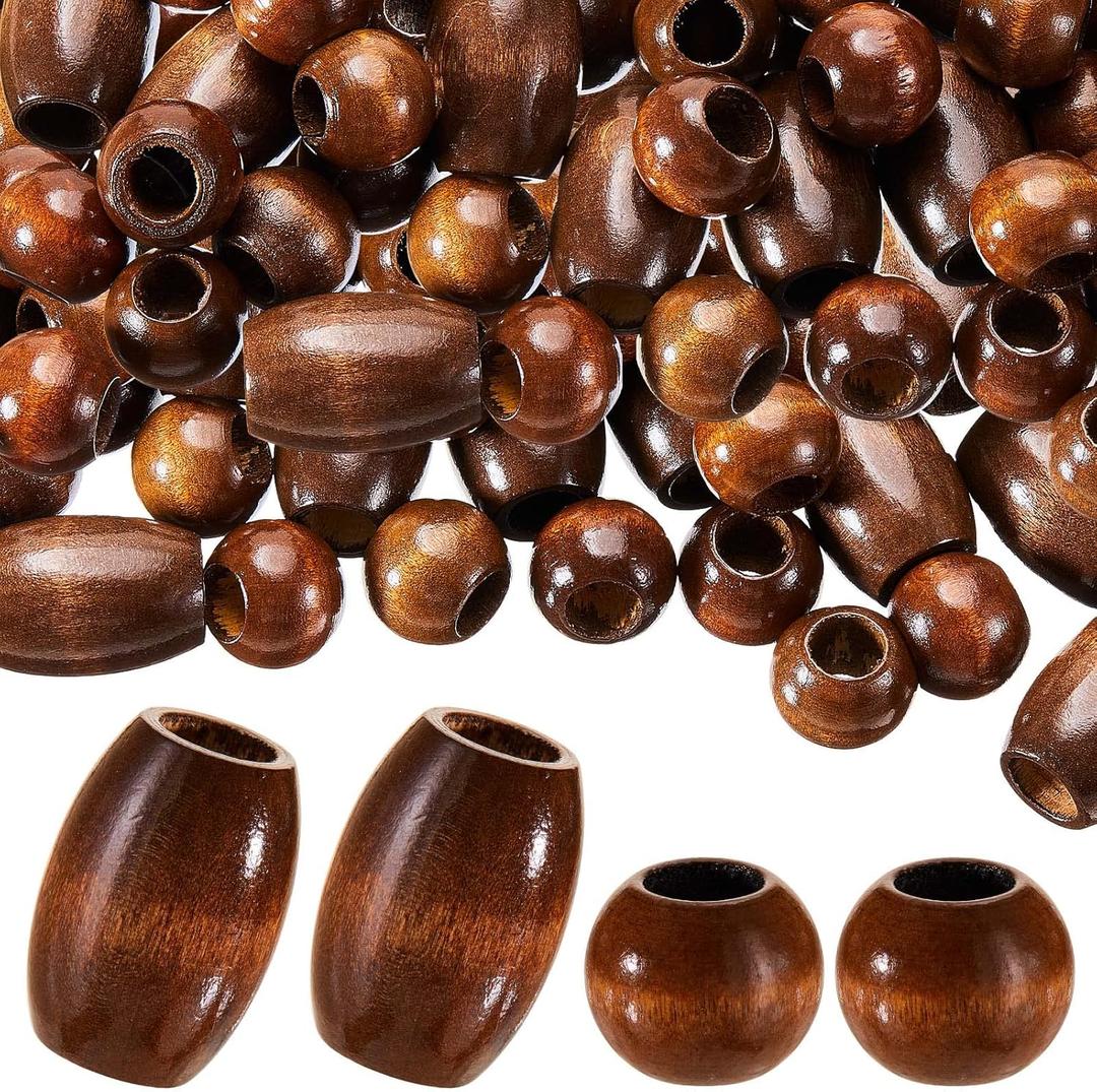 WILLBOND 130 Pieces Macrame Wooden Beads 10mm Hole Loose Beads with Hole for Macrame Making Kits Supplies Jewelry Bracelet Making Hair DIY Craft Handmade Decor(Brown, Classic)