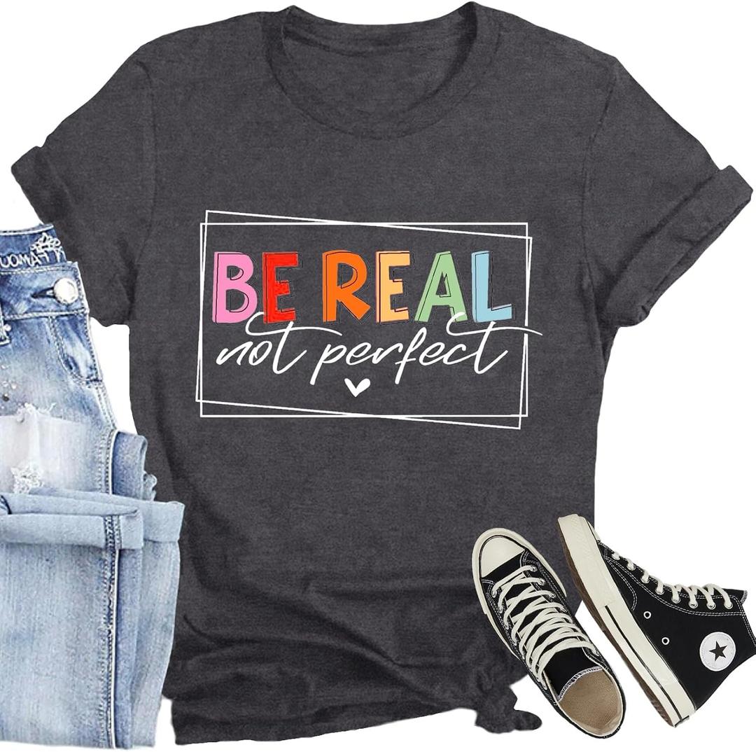 Be Kind Shirt for Women Be Real Letter Print T-Shirt Funny Kindness Matter Tee Top (Gray, XXL)