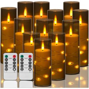 ACROSS Grey Flameless Candles with String Lights Battery Operated LED Pillar Candles 5 6 7 8 Candle with Remote Control,Fake Candle Set of 12 for Special Festivals Decorations (Gray)