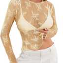 MEROKEETY Womens 2026 Long Sleeve Lace Sheer Mesh Tops Undershirt Sexy See Through Going Out Crewneck Blouse Shirts Clothes (Apricot). 2XL
