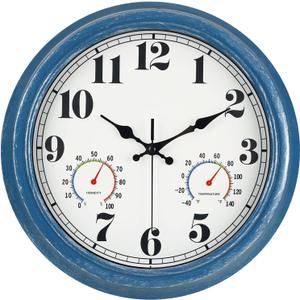 JENLYSTIME 13 Inch Outdoor Clock, Waterproof and Silent, with Thermometer and Hygrometer, Large Numbers for Easy Reading, Perfect for Home, Office, Bedroom, Kitchen, Porch, Garden, Pool (Blue)