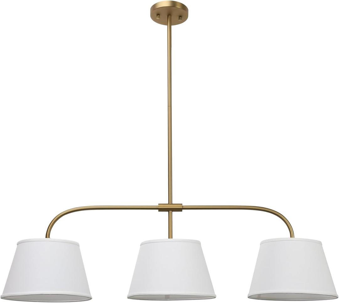 Pathson 3 Lights Brass Pendant Light with Fabric Lampshades, Rustic Cloth Pendant Lighting Lamp E26 Bulb Base, Flush Mounted Ceiling Chandeliers for Dining Room Kitchen Island Living Room