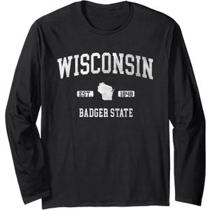 Retro WI Varsity Style Wisconsin Badger State Long Sleeve T-Shirt (Small, Black)
