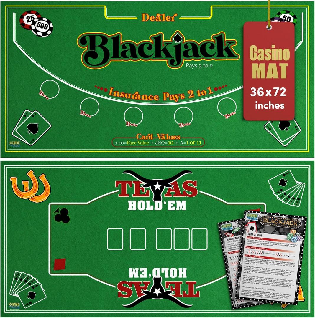 Gamie Double Sided Felt Casino Mat, 36 x 72 for Blackjack & Texas Holdem Poker, 2-in-1 Texas Holdem Poker Mat & Blackjack Mat, Professional Grade Poker Tabletop Mat with Instructions Booklet