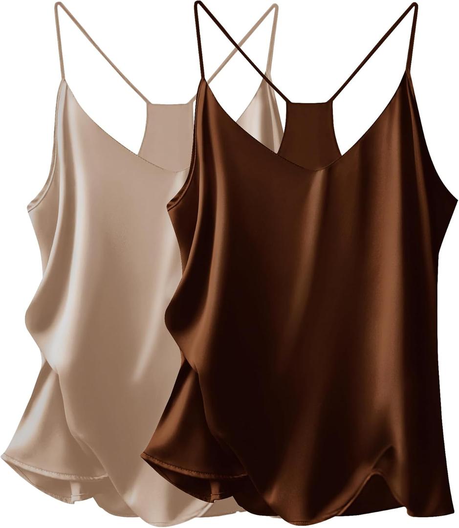 Ekouaer Womens Satin Cami Tops 2 Pack V Neck Silk Camisole Tank Top Spaghetti Strap Racerback Camis Blouse Shirt (Medium, Light Brown/Brown)
