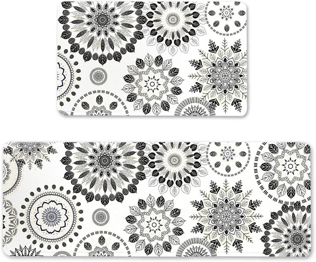 Floral Kitchen Rug Set of 2 (17x30 +17x47) - White Kitchen Mats with Black Flowers | Non-Slip Backing, Water-Resistant Floral Rugs for Kitchen Floor | Washable Kitchen Decor