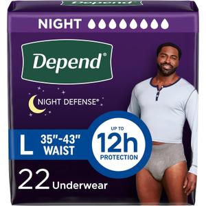 Depend Night Defense Adult Diapers, Incontinence Underwear for Men, Disposable, Overnight, Large, Grey, 22 Count, Packaging May Vary