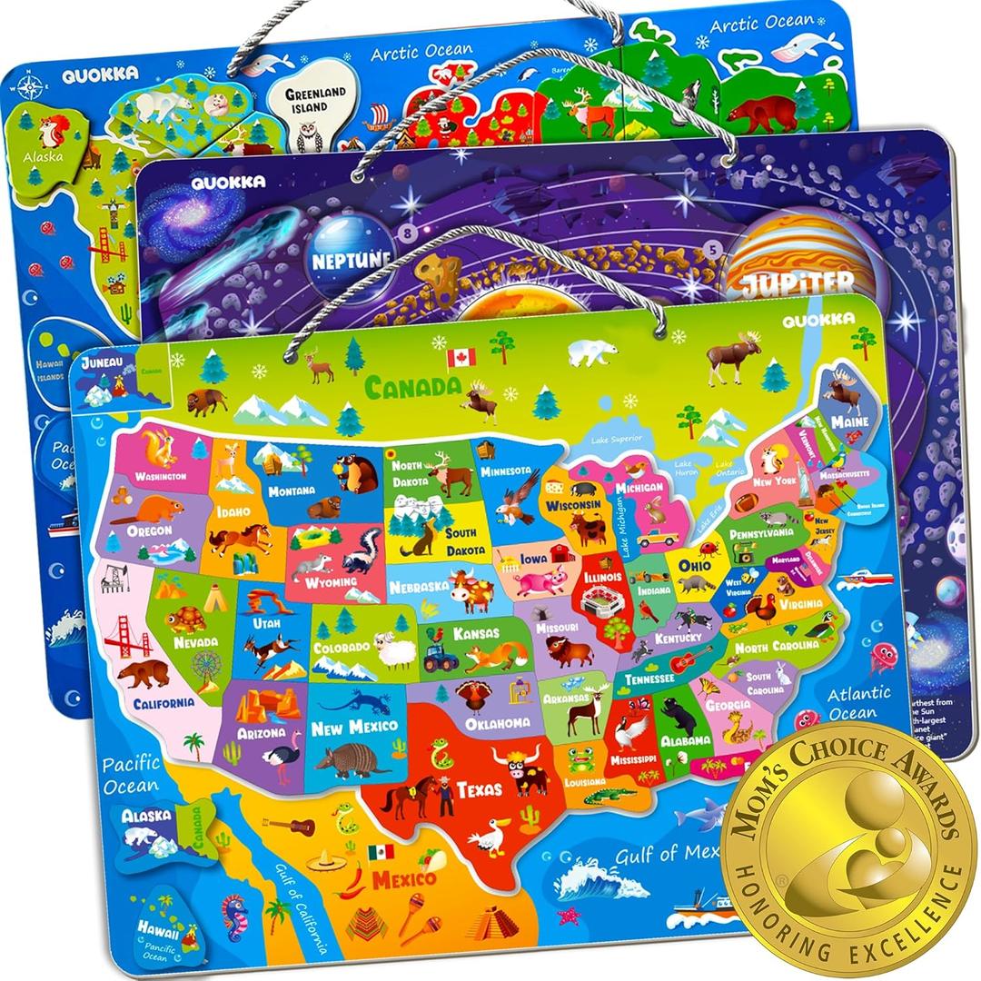 QUOKKA Magnetic Toddler Puzzles Ages 3-5 - 3 Educational Travel Games Puzzles for Kids Ages 4-6 - Space, USA and World Map Learning Toys for Boy and Girl 2-4 Learn United States (Magnetic Maps)