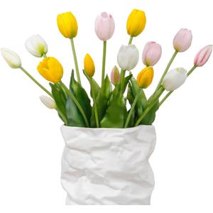 15 Pcs White-Light Pink-Yellow Artificial Tulips Fake Flowers, Premium Latex Lifelike Texture, UV Resistant Waterproof Faux Tulip Bouquets with Snap-on Petals for Outdoor, Home, Wedding Decor