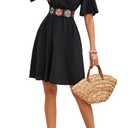 LightlyKiss Women's Black V-Neck Bell Sleeve Dress with Embroidered Belt Summer Beach Wedding Guest Party Cocktail Evening A-Line Vacation Dresses (Black, XXL)