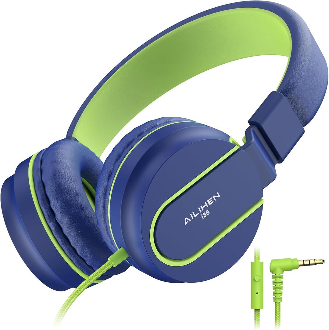 AILIHEN Kids Headphones, I35 On-Ear Headphones for School, Safe Volume 93dB, HD Mic Stereo Headphone for Kid Girls Boys, Foldable 3.5mm Wired for Chromebook, Laptop, Computer, Tablet (Blue Green)