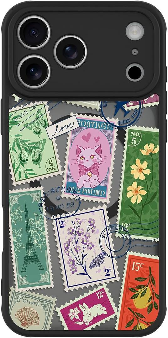 BITOBE Magnetic Case for iPhone 17 Pro Max [Compatible with MagSafe] Cute Stamp Pattern Case for Women Girls Soft TPU Bumper Translucent Black Slim Protective Cover