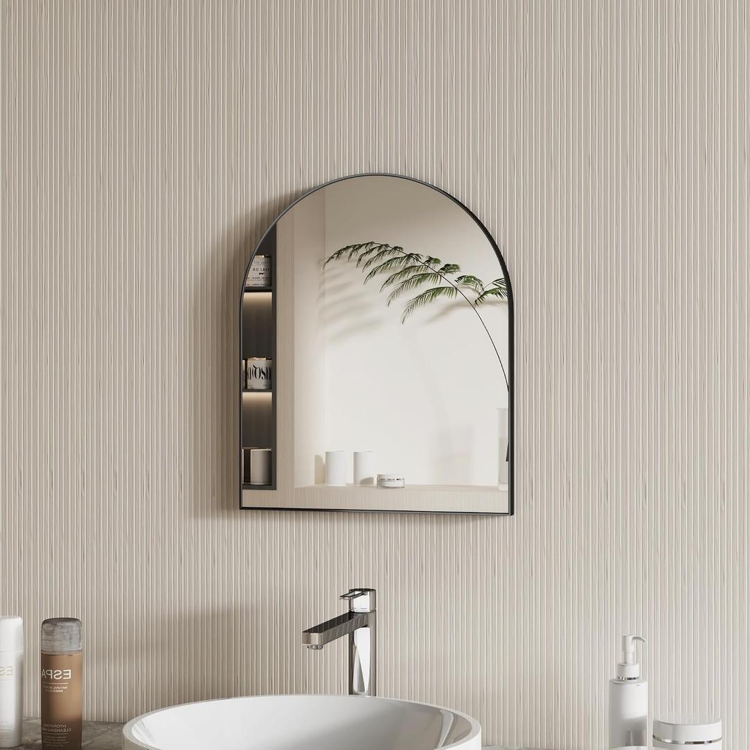 Black Metal Frame Bathroom Arch Mirror for Over Sink, 15x18 Inch Arched Tempered Mirror, Wall Vanity Mirror for Farmhouse, Modern Luxe Mirror for Bedroom, Living Room, Entryway