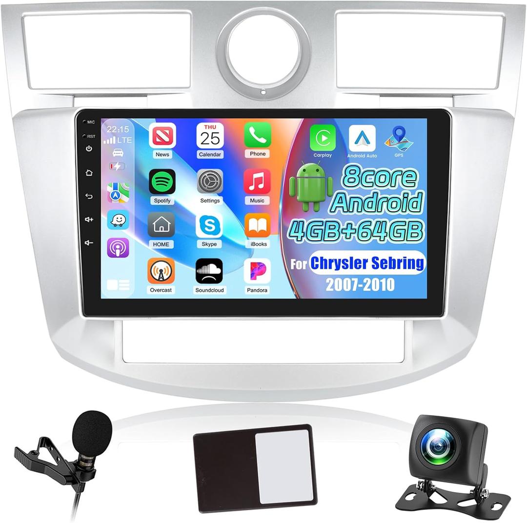 [8 Core 4+64G] NHOPEEW Android Car Radio for Chrysler Sebring 2007-2010 with Wireless Carplay and Android Auto - 9 Inch IPS Touchscreen Car Stereo - GPS Navi/DSP/WiFi/SWC + AHD Backup Camera